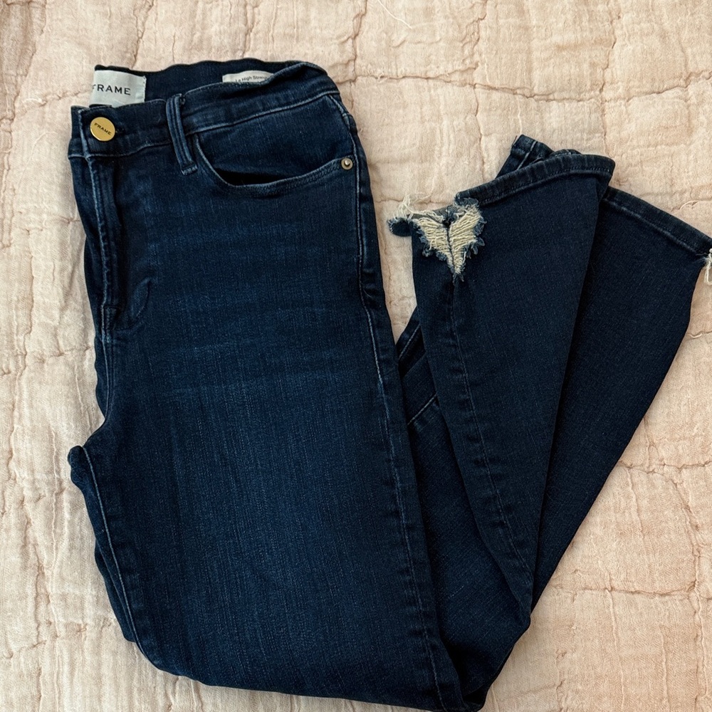 Frame Denim Women's Distressed Dark Blue Skinny Jeans
